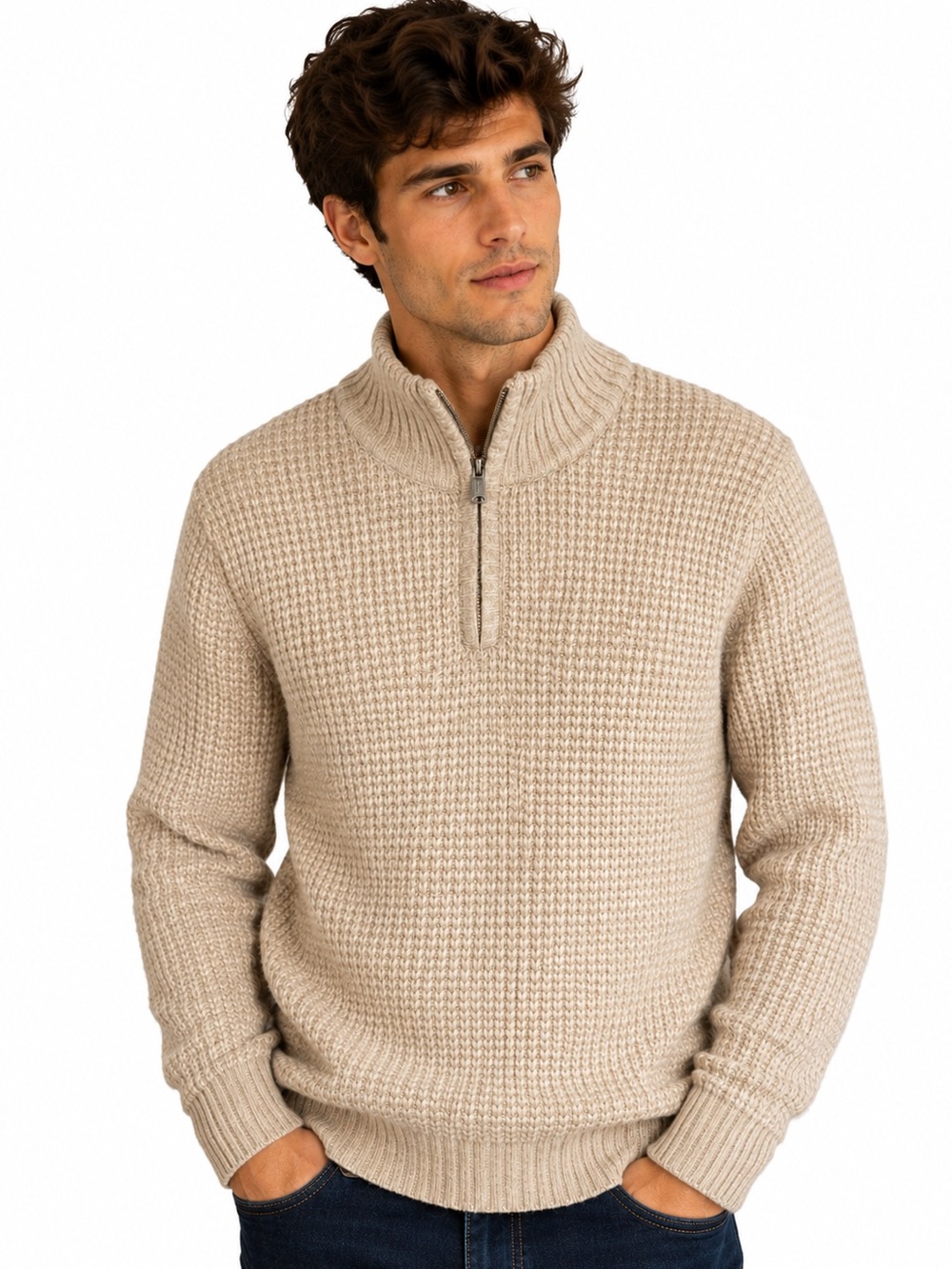 FatFace Men’s Waffle Knit Quarter Zip Mock Neck Sweater Oatmeal Small